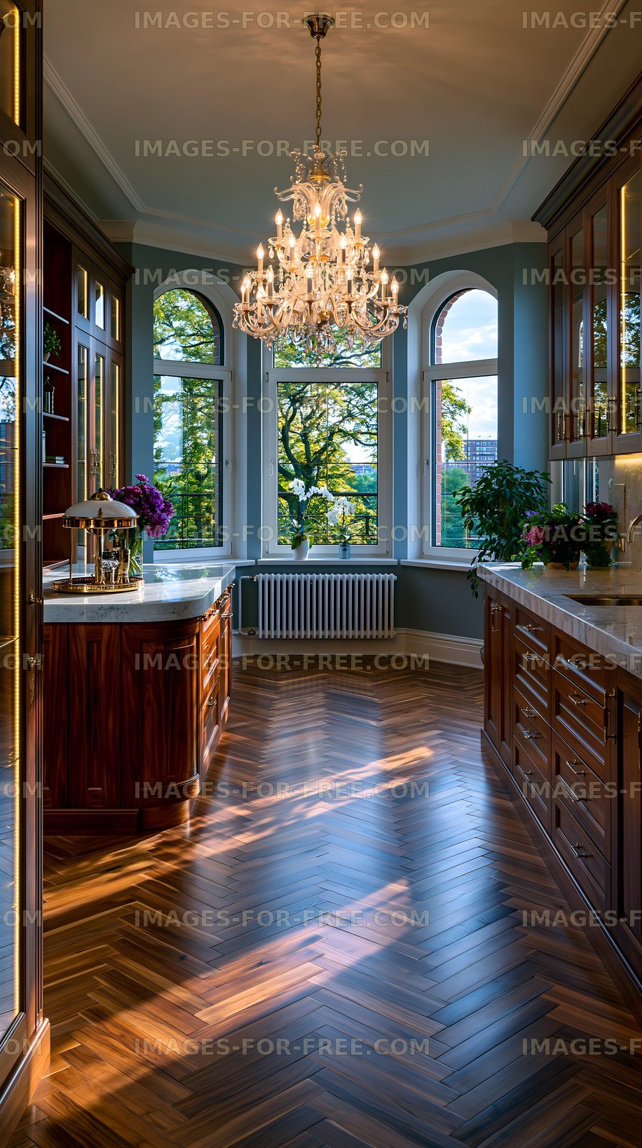 Bright kitchen with large windows and wooden cabinetry
