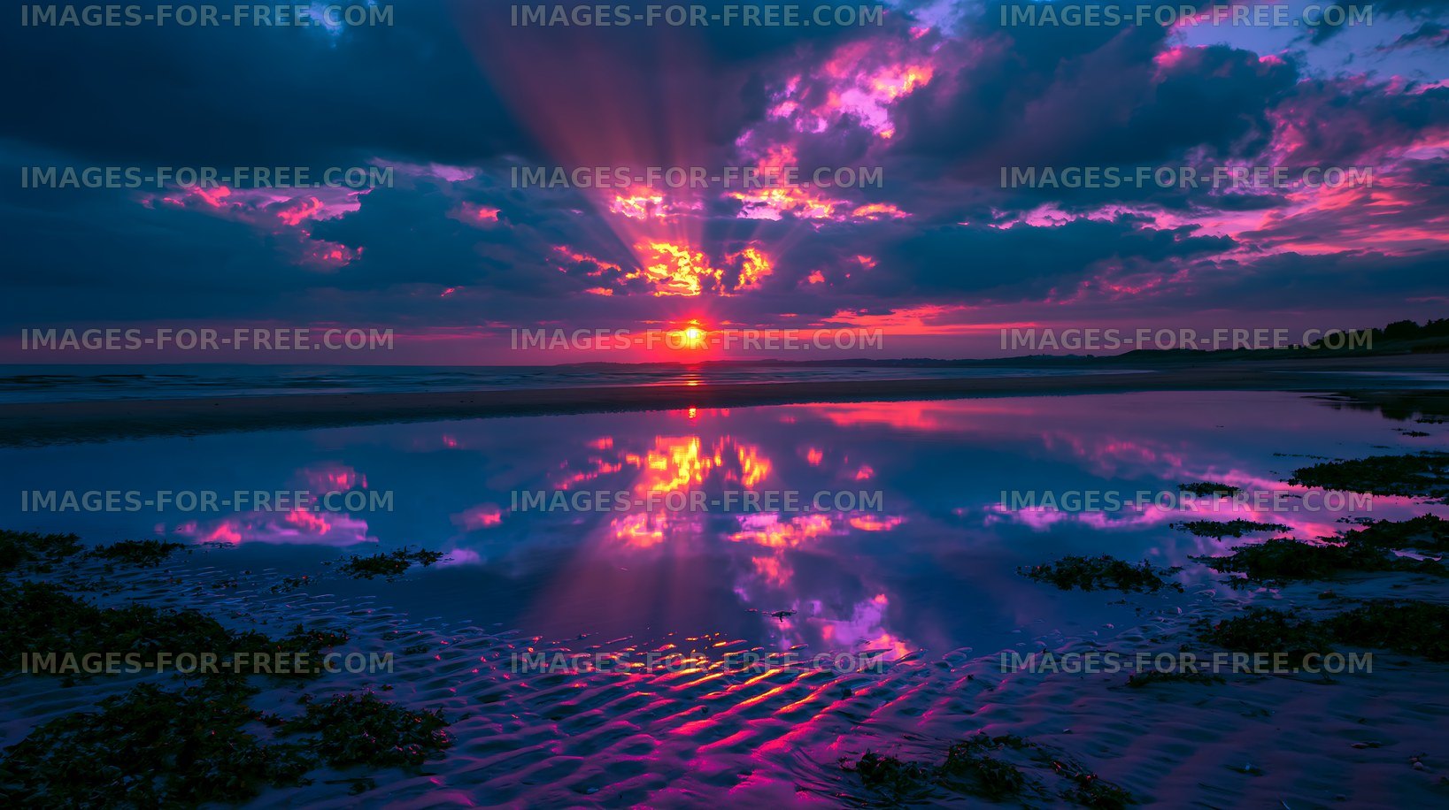 Sunset reflections on the beach with colorful sky and clouds