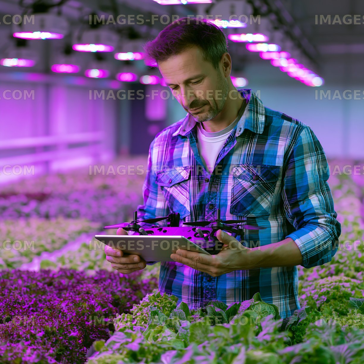 Man using a tablet to monitor plants in a greenhouse