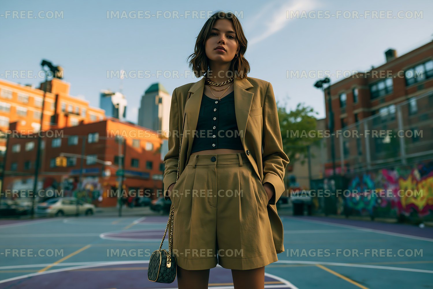 Woman in brown suit stands on basketball court in urban setting