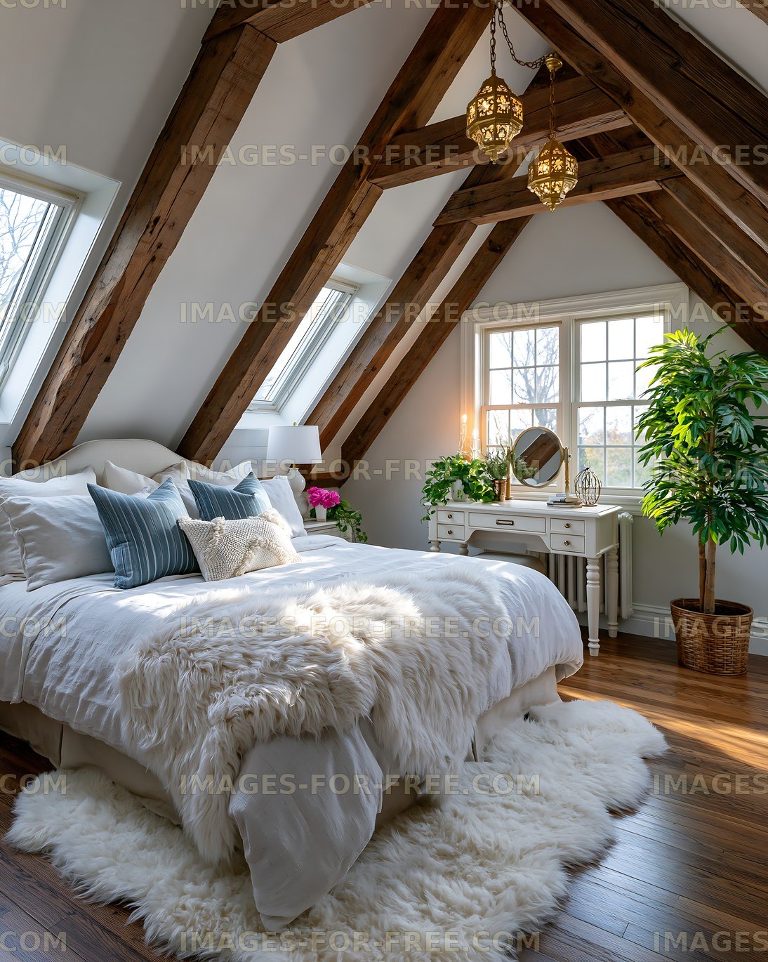 Cozy bedroom with wooden beams and natural light