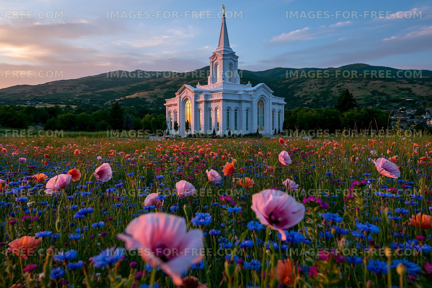 Colorful flowers in a field with a white church in the background