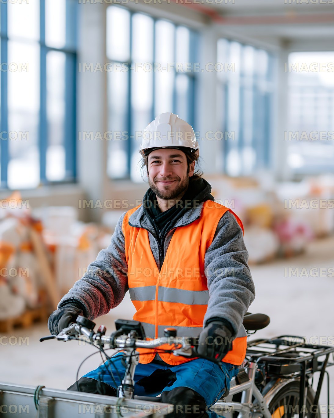 Worker on bicycle in construction site wearing safety gear