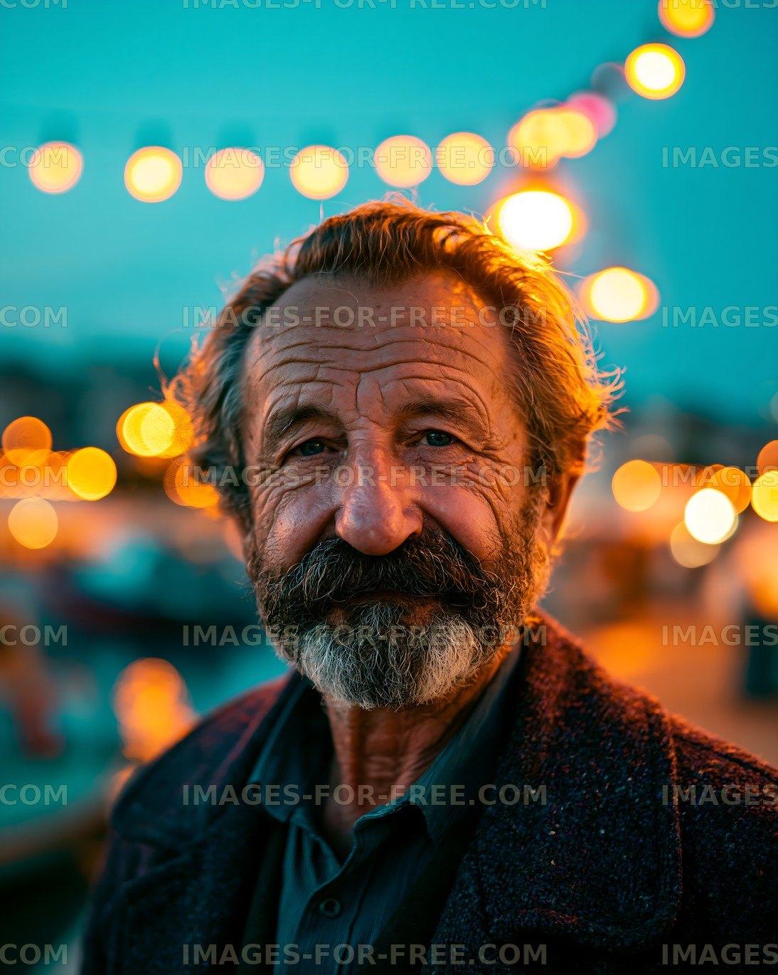Man with beard at a festive outdoor event in the evening