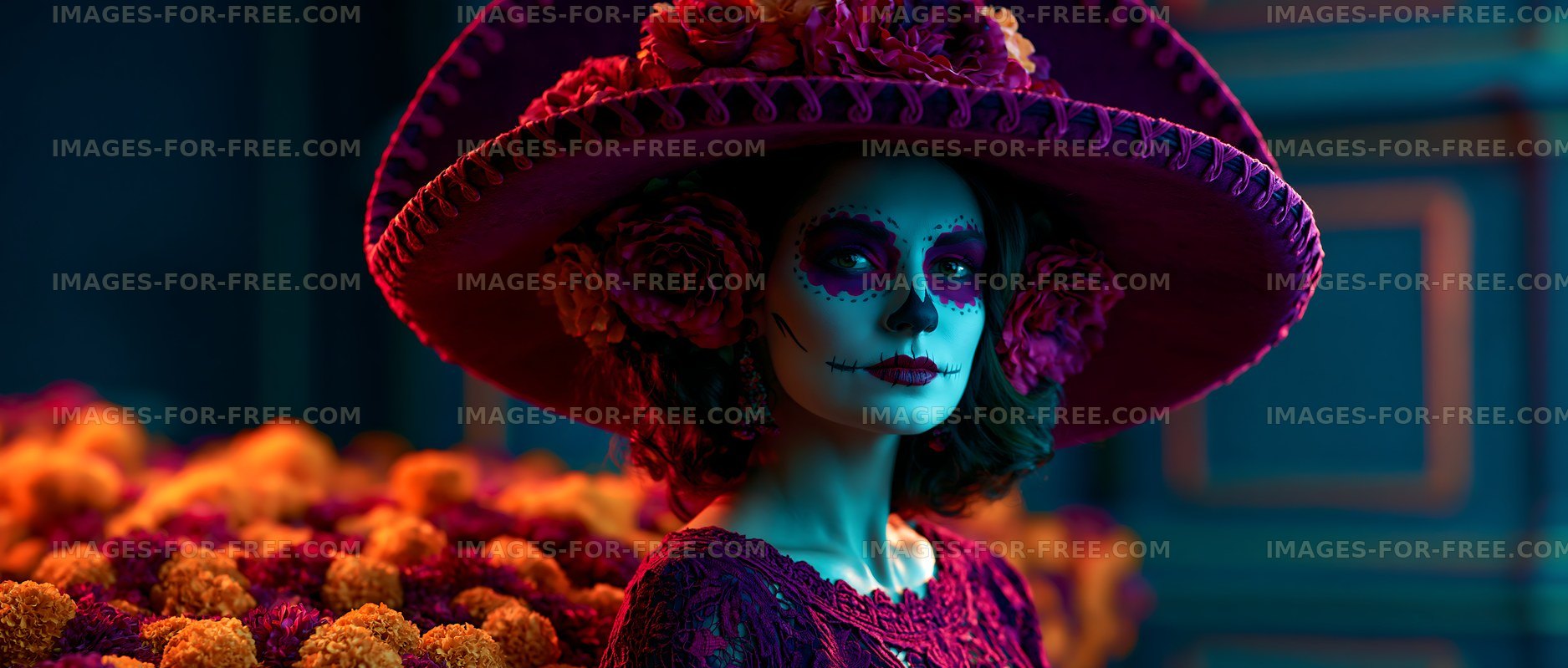 Woman in traditional dress poses by a floral display