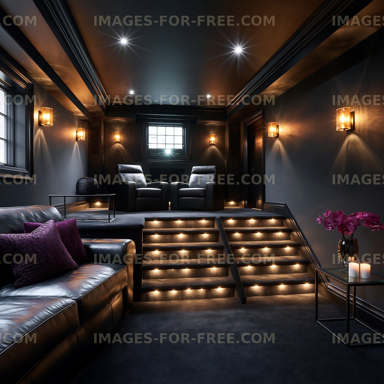 Home theater room with recliners and dim lighting