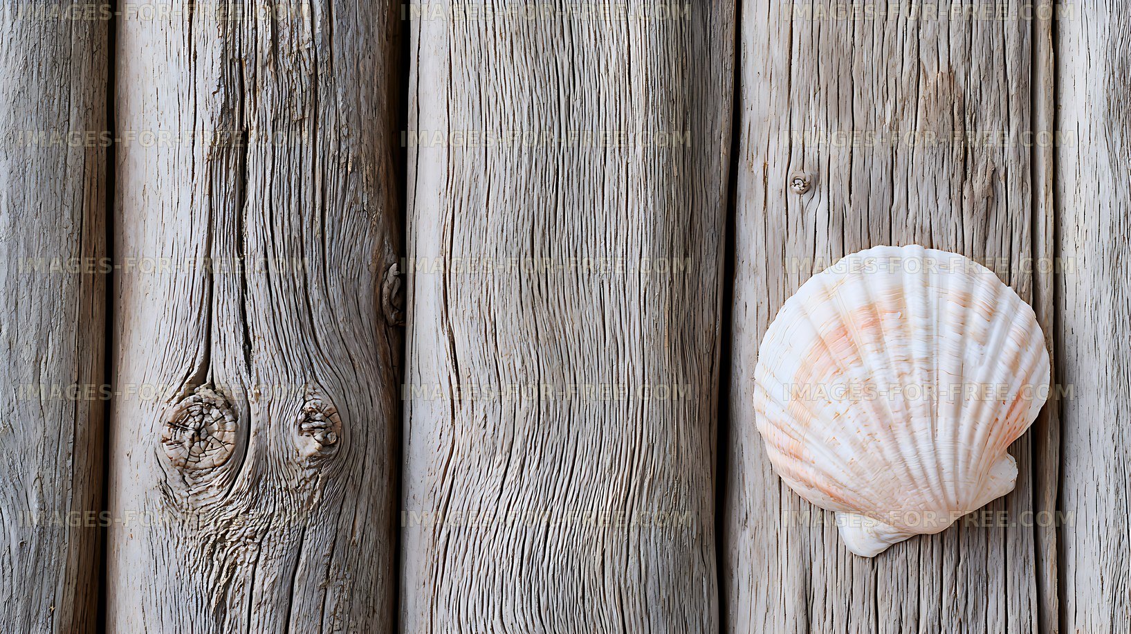 Scallop shell on weathered wooden surface