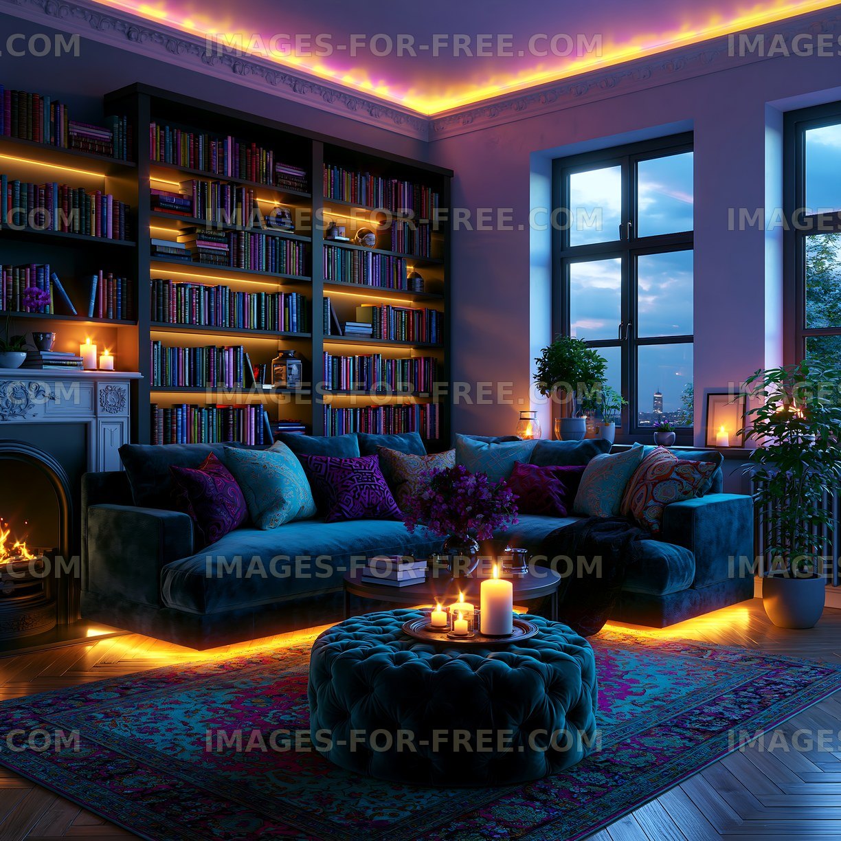 Cozy living room with bookshelves and warm lighting in evening hours