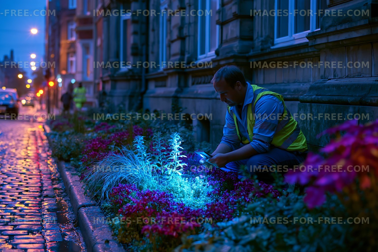 Gardener working late at night in colorful flower beds