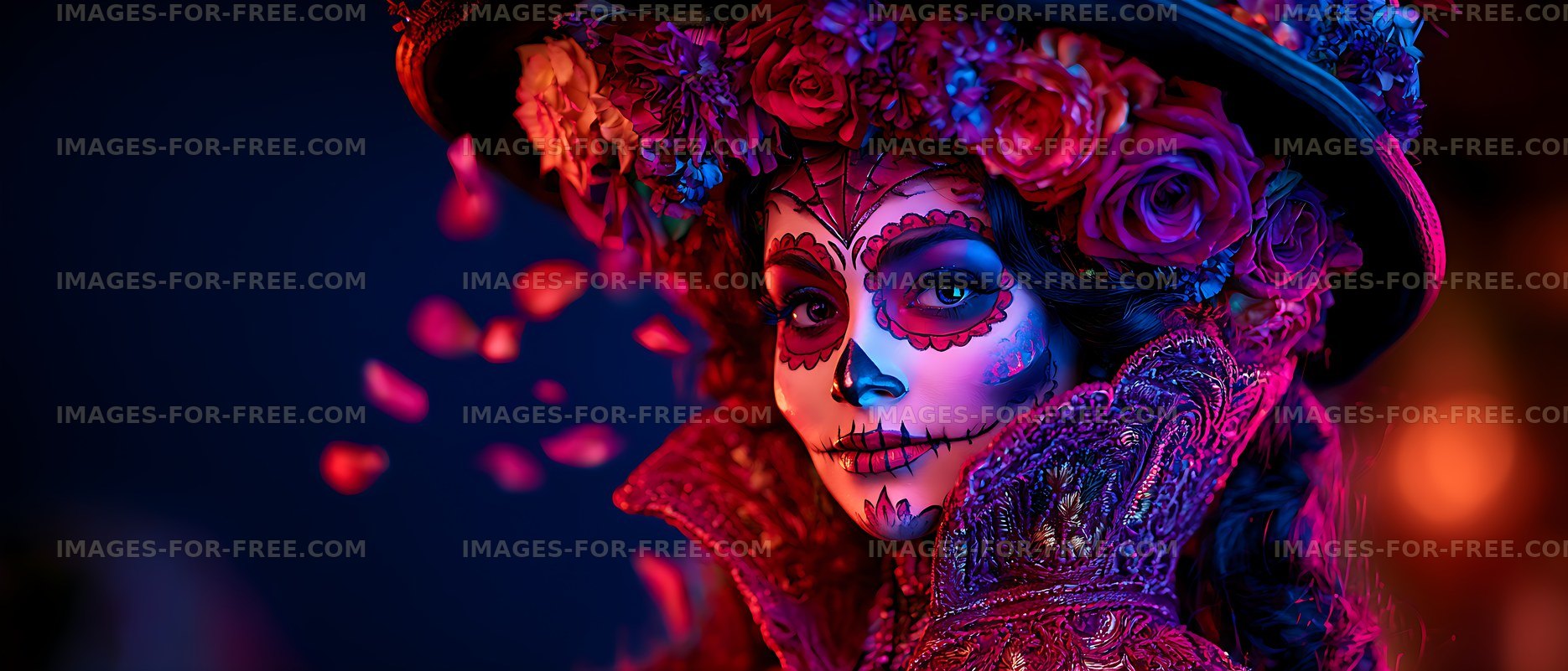 Woman in colorful costume with face paint and flowers