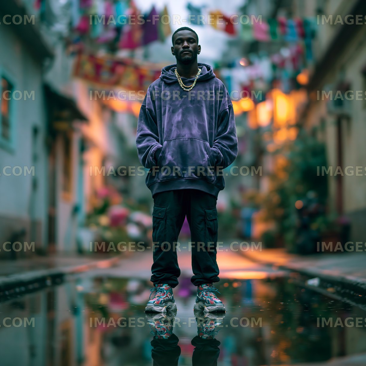 Person standing in urban setting with colorful decorations around