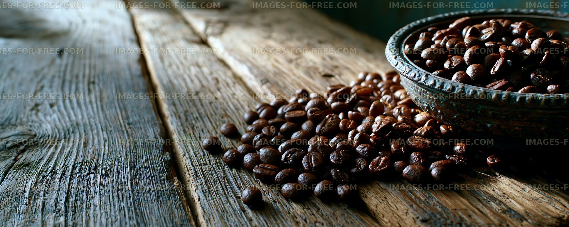 Coffee beans on rustic wooden surface in natural light