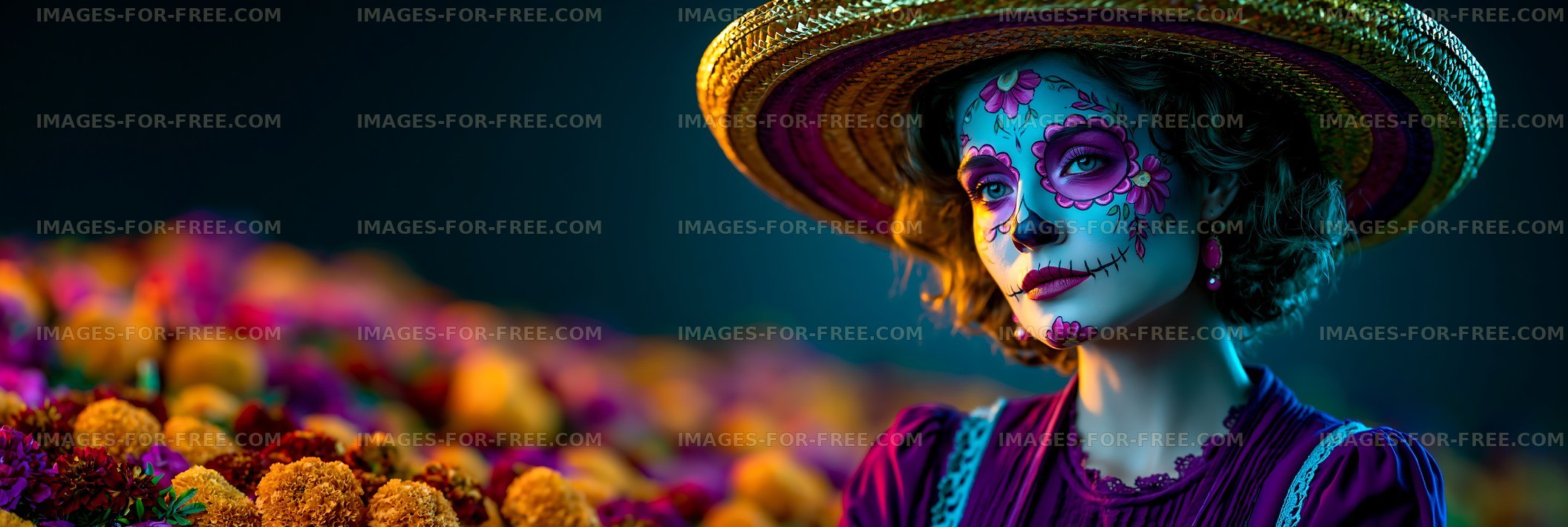 Woman with sugar skull makeup and large straw hat at a festival