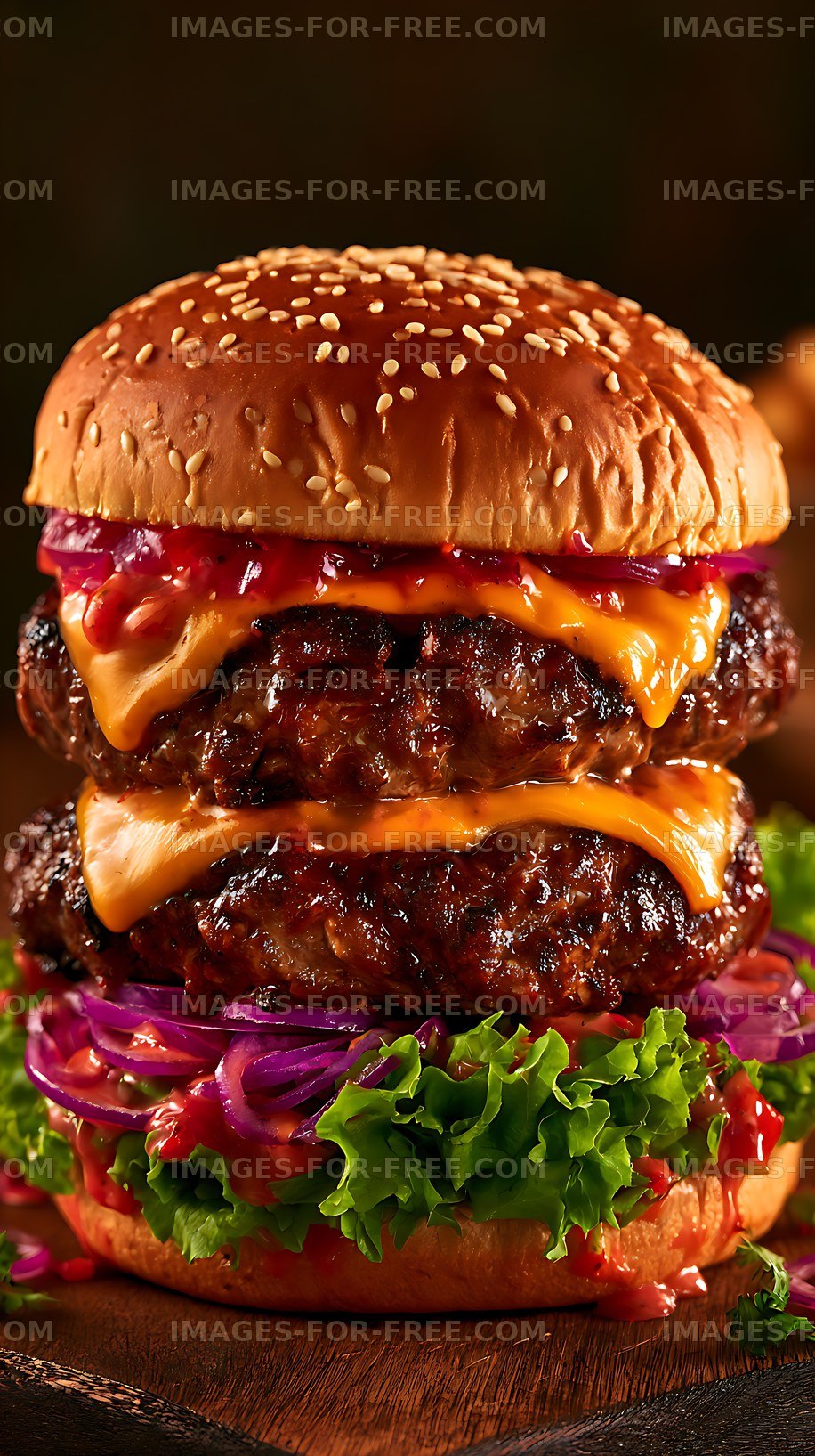 Double cheeseburger with lettuce and red onions on a wooden table