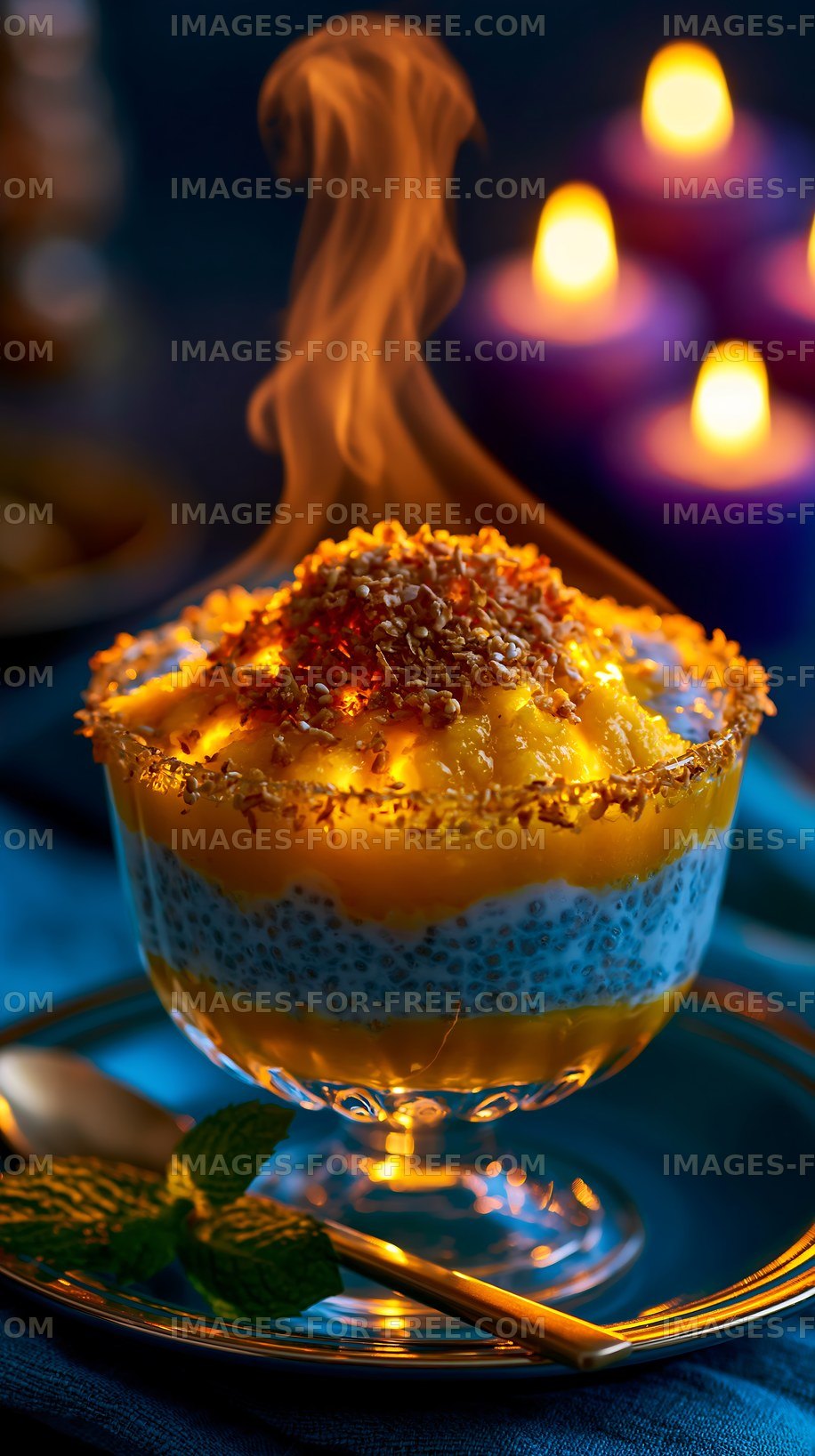 Sweet dessert topped with flames served in a glass bowl