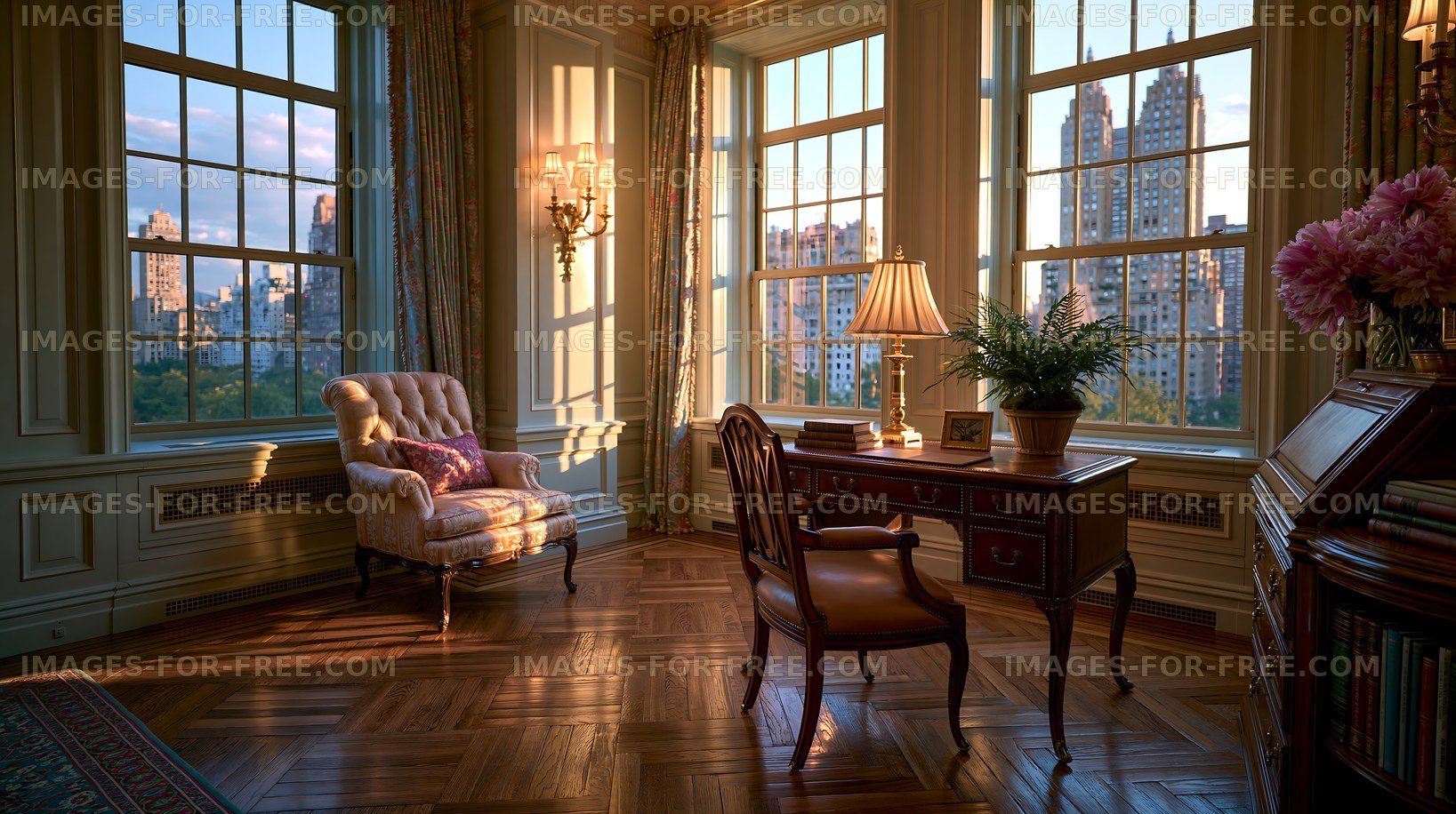 Workspace with chair and desk in a room with large windows