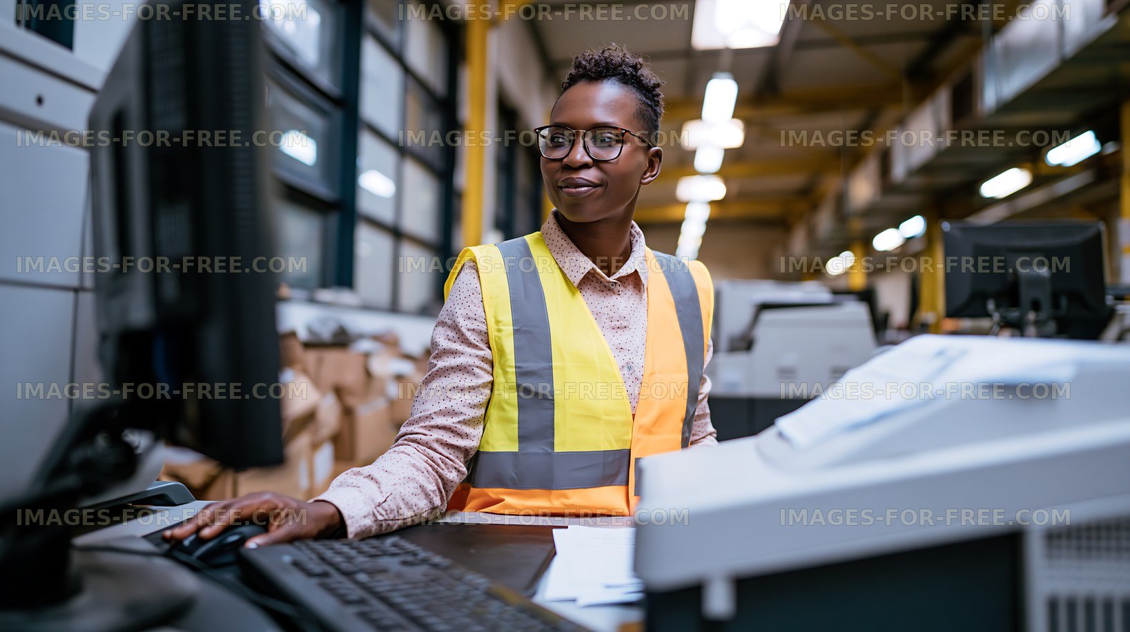 Warehouse worker using a computer while wearing a safety vest