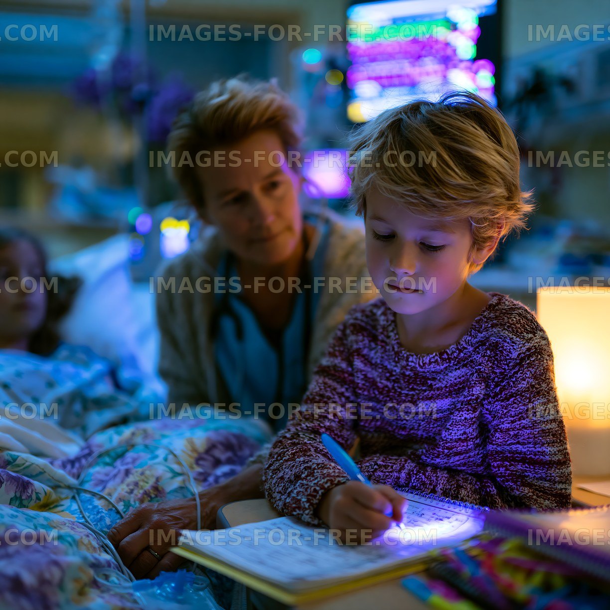 Child writing in a hospital room with a family member nearby