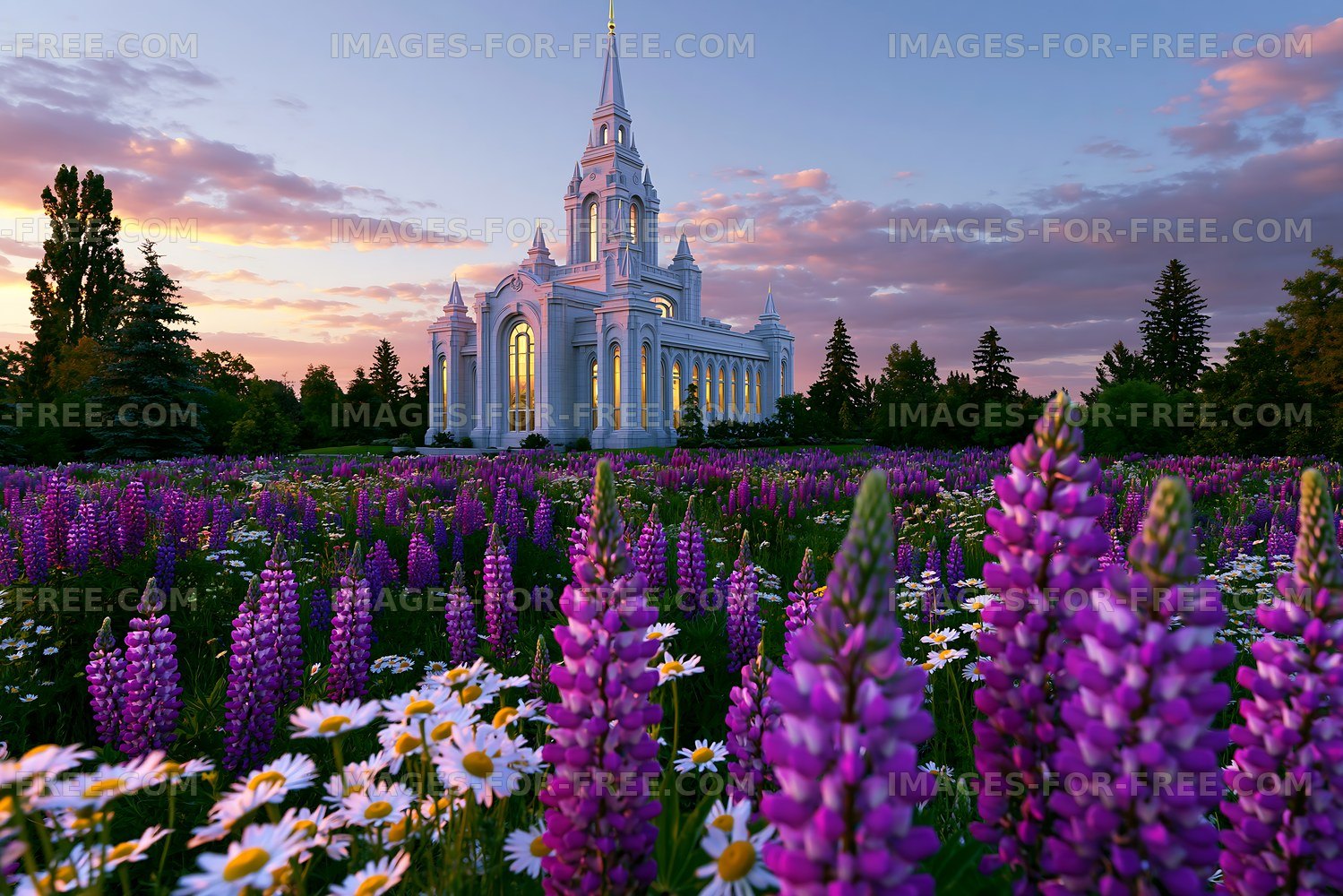 Flowers surround a church at sunset in a garden setting