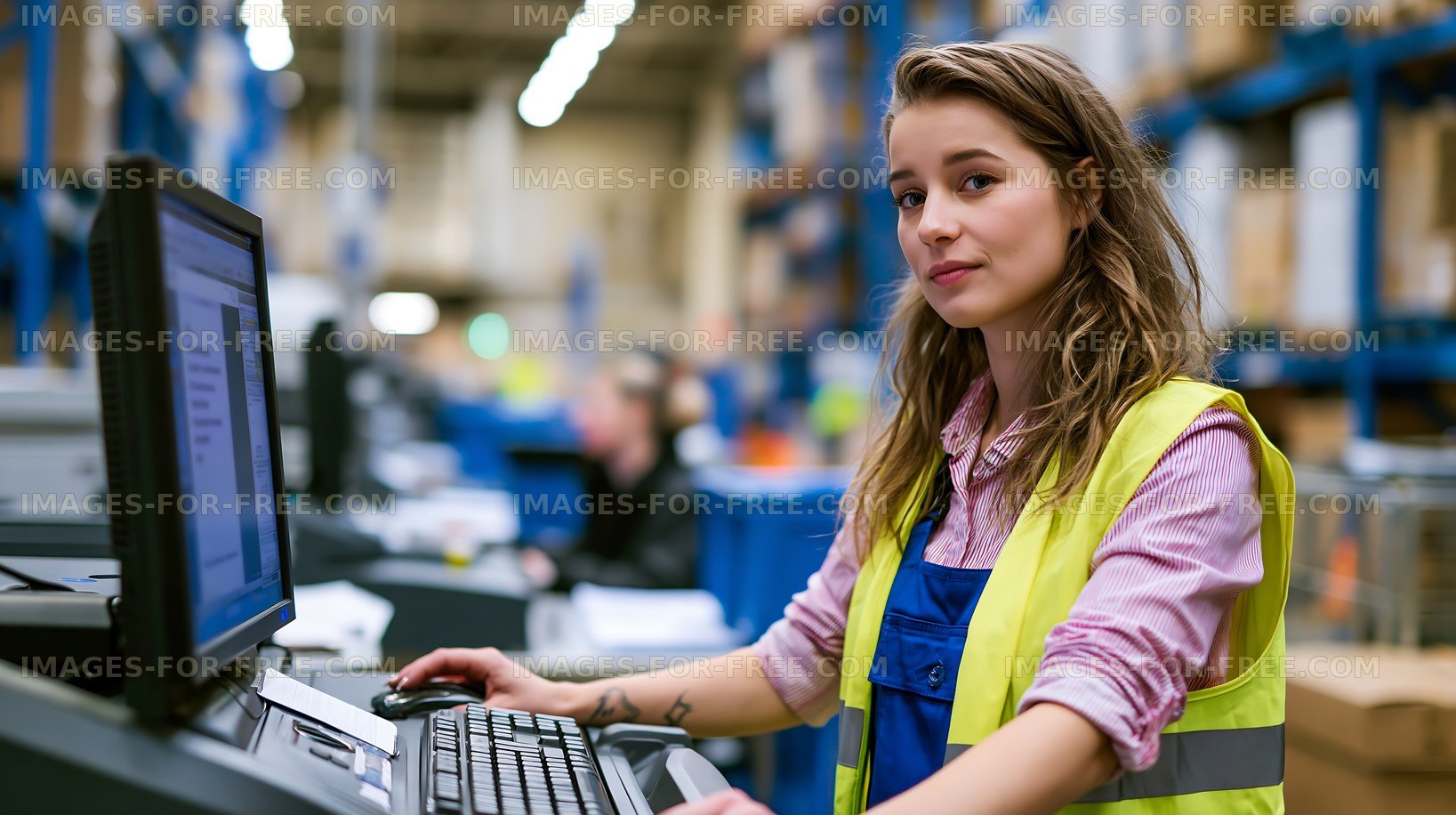 Worker at a computer in a warehouse during the day