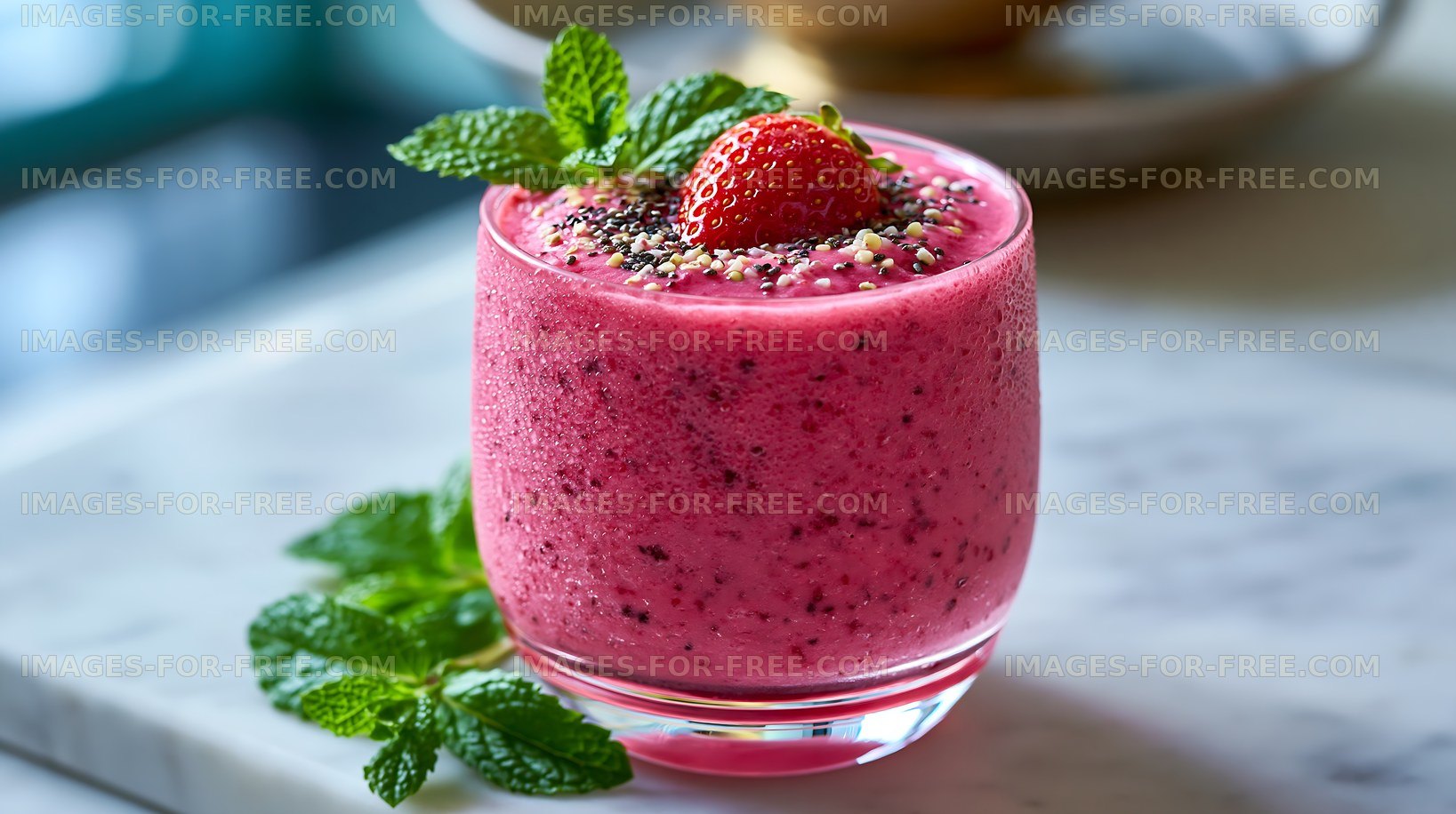 Strawberry smoothie with mint in a clear glass on a marble table