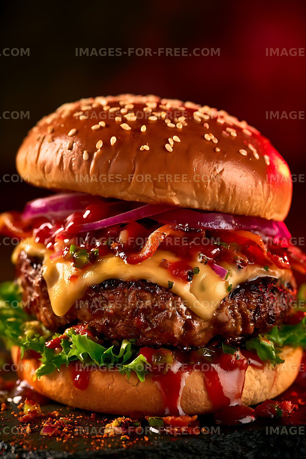 Juicy burger with cheese and bacon served on sesame seed bun