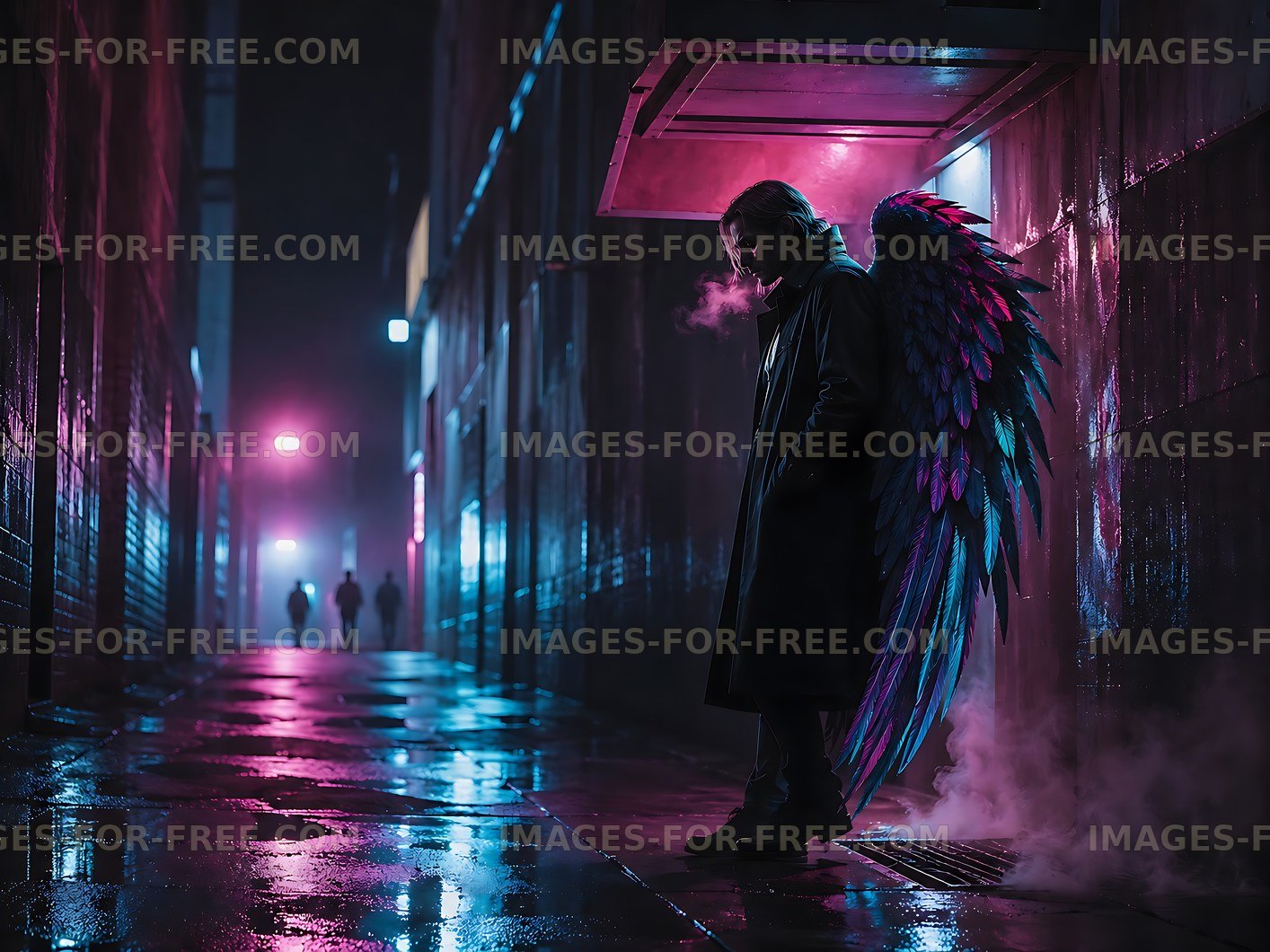 Person with colorful wings stands in a dark alleyway at night