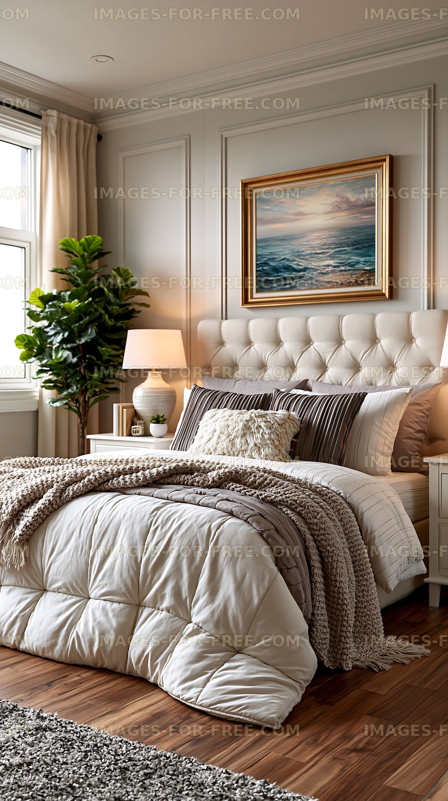 Modern bedroom with cozy bedding and natural light