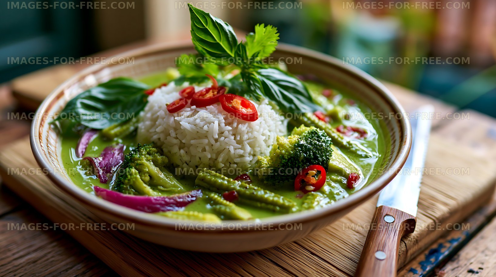 Delicious green curry with rice, vegetables, and herbs in bowl