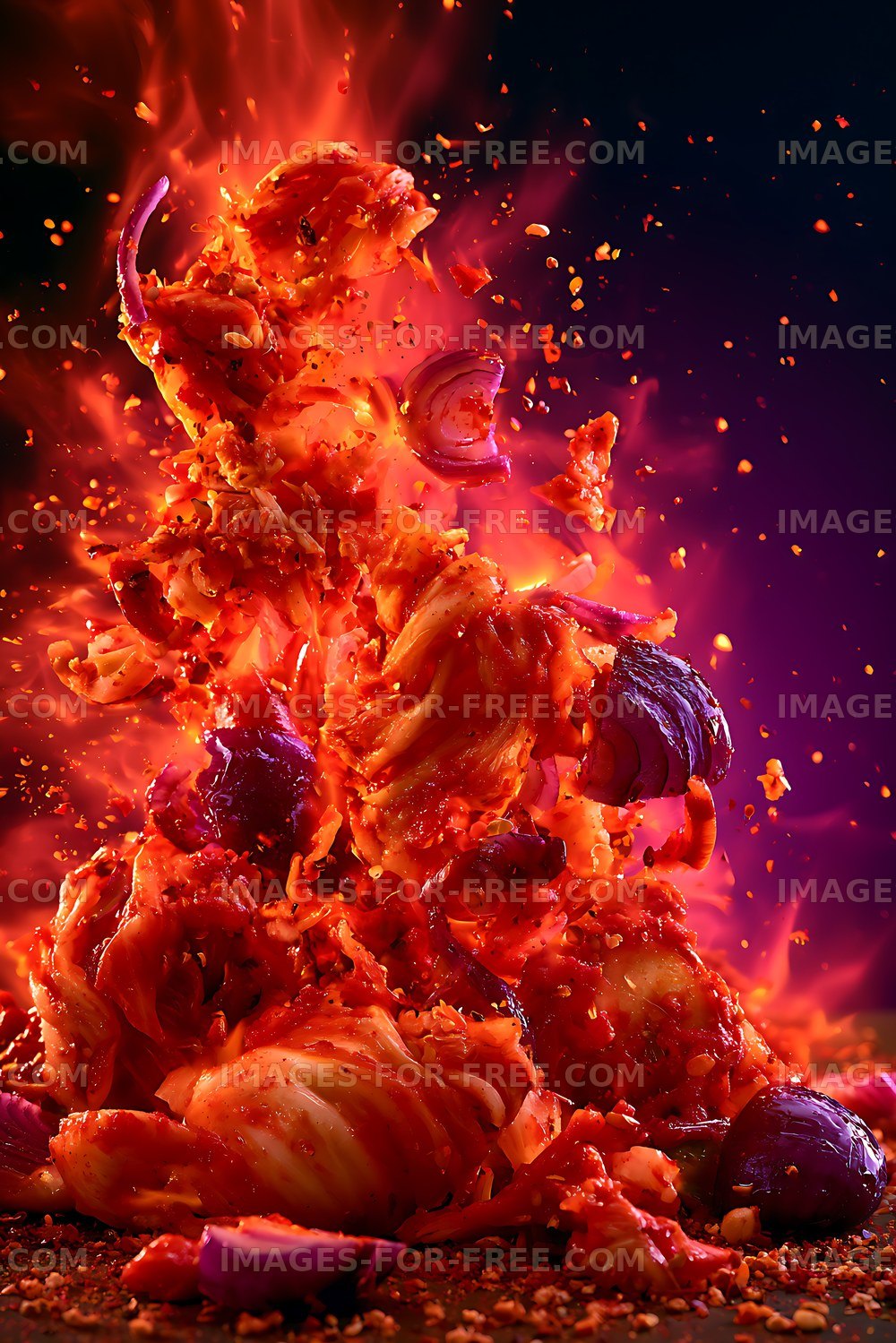Spicy kimchi explosion with vibrant colors and motion