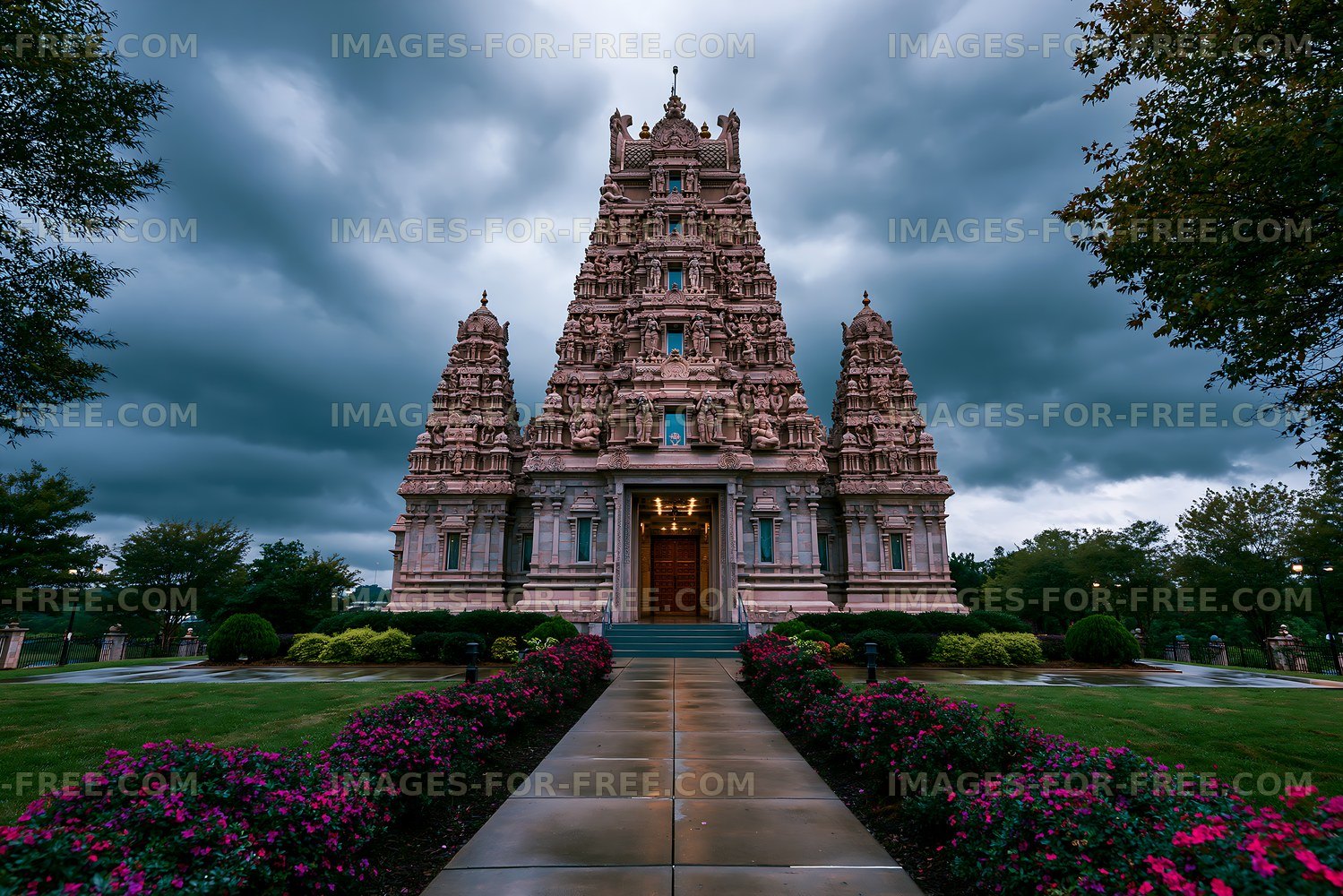 Temple building in a garden under cloudy sky