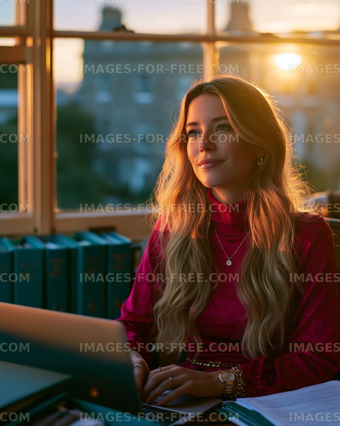 Woman working on laptop during sunset in a cozy workspace