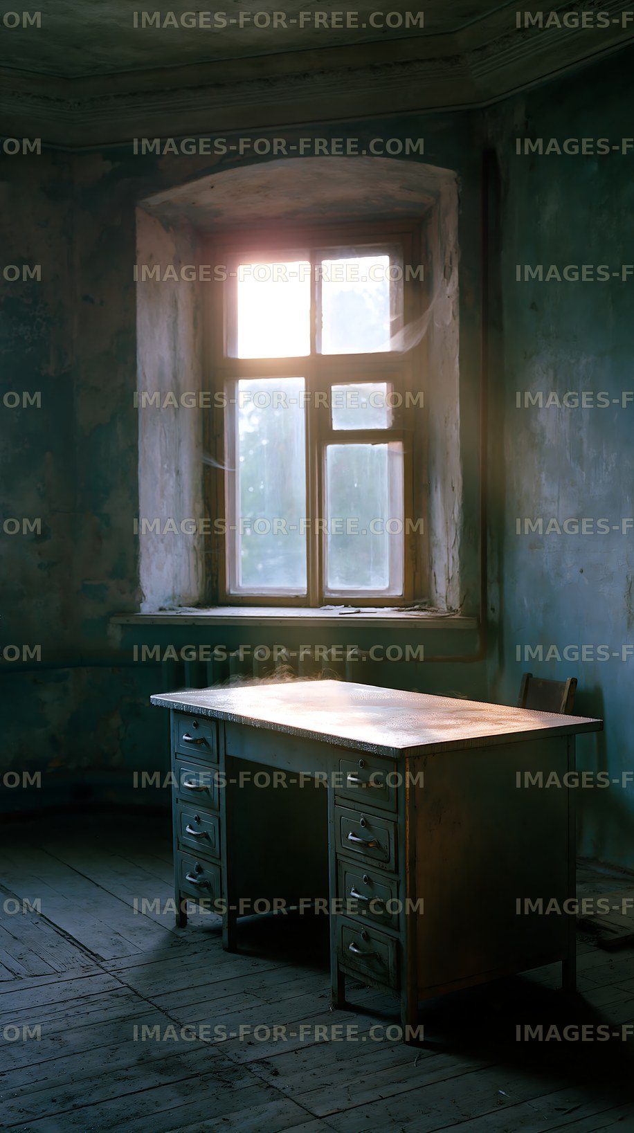 Abandoned room with a wooden desk and a window