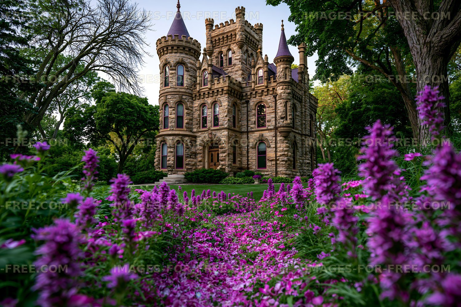 Historic castle surrounded by flowers in a lush garden