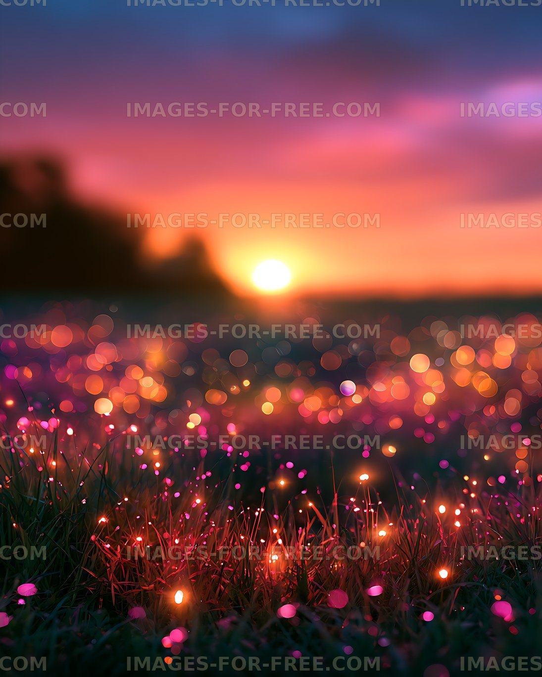 Colorful lights on grass during sunset
