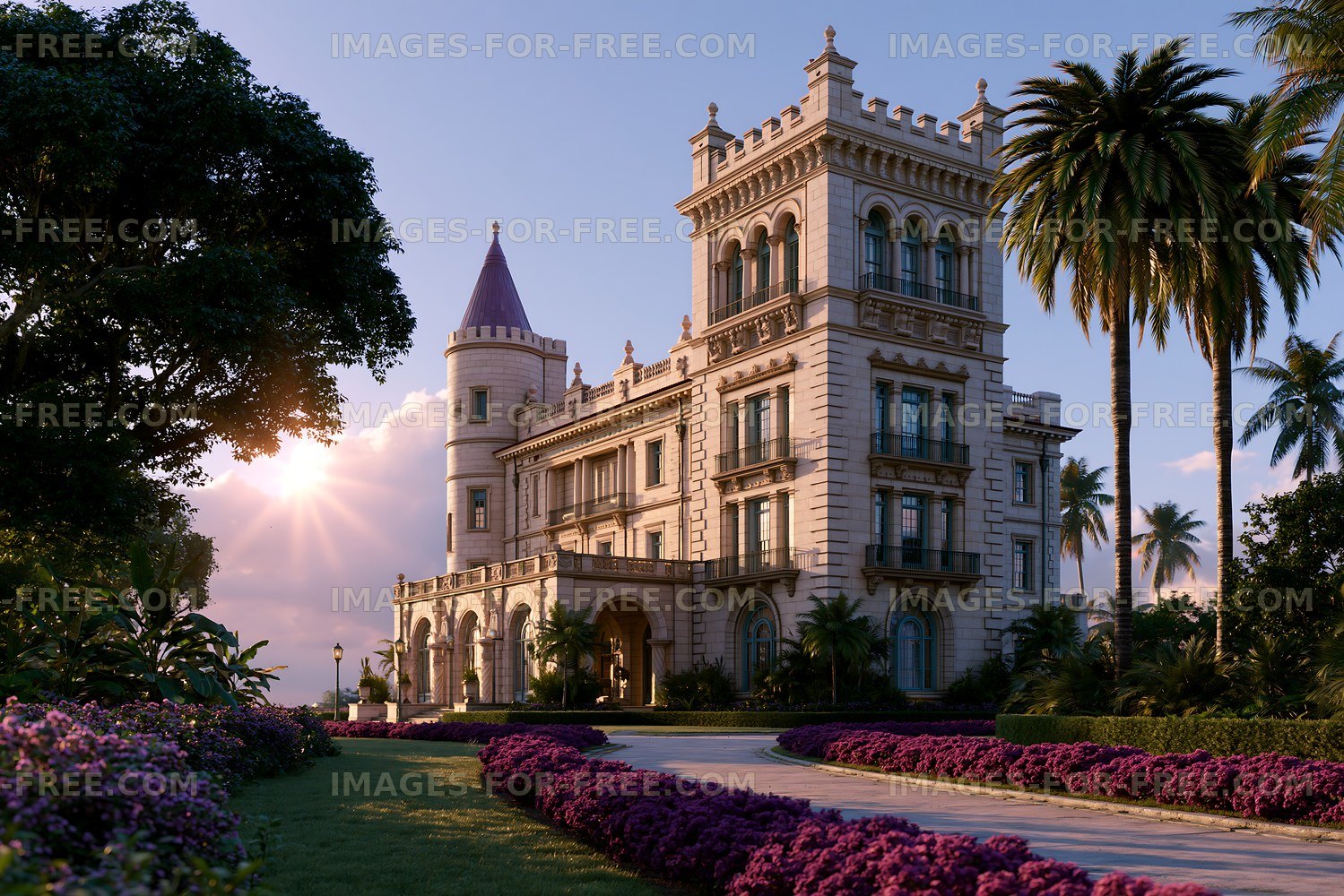Beautiful mansion with garden and palm trees at sunset
