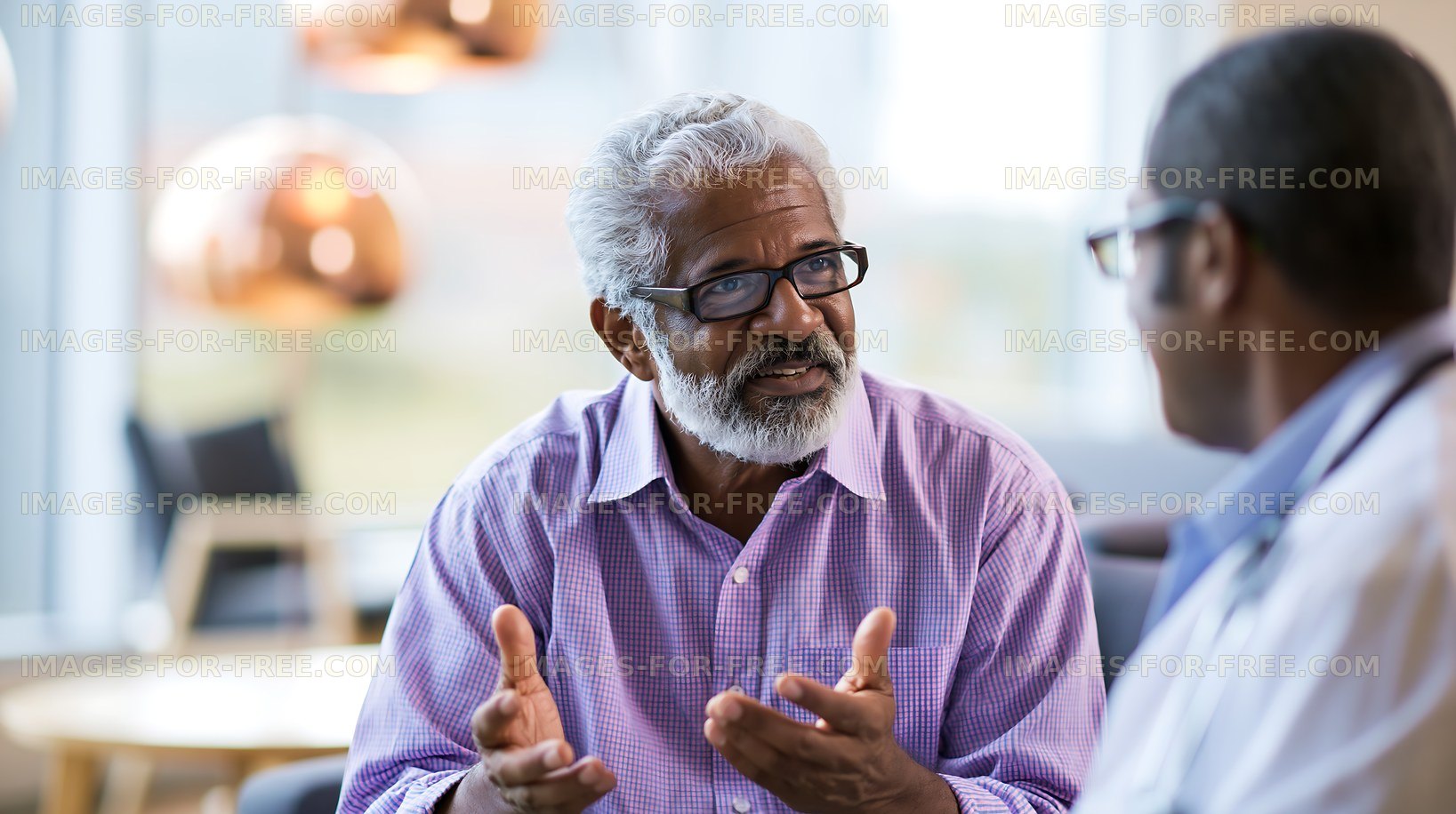 Senior man discussing health with doctor in a modern office