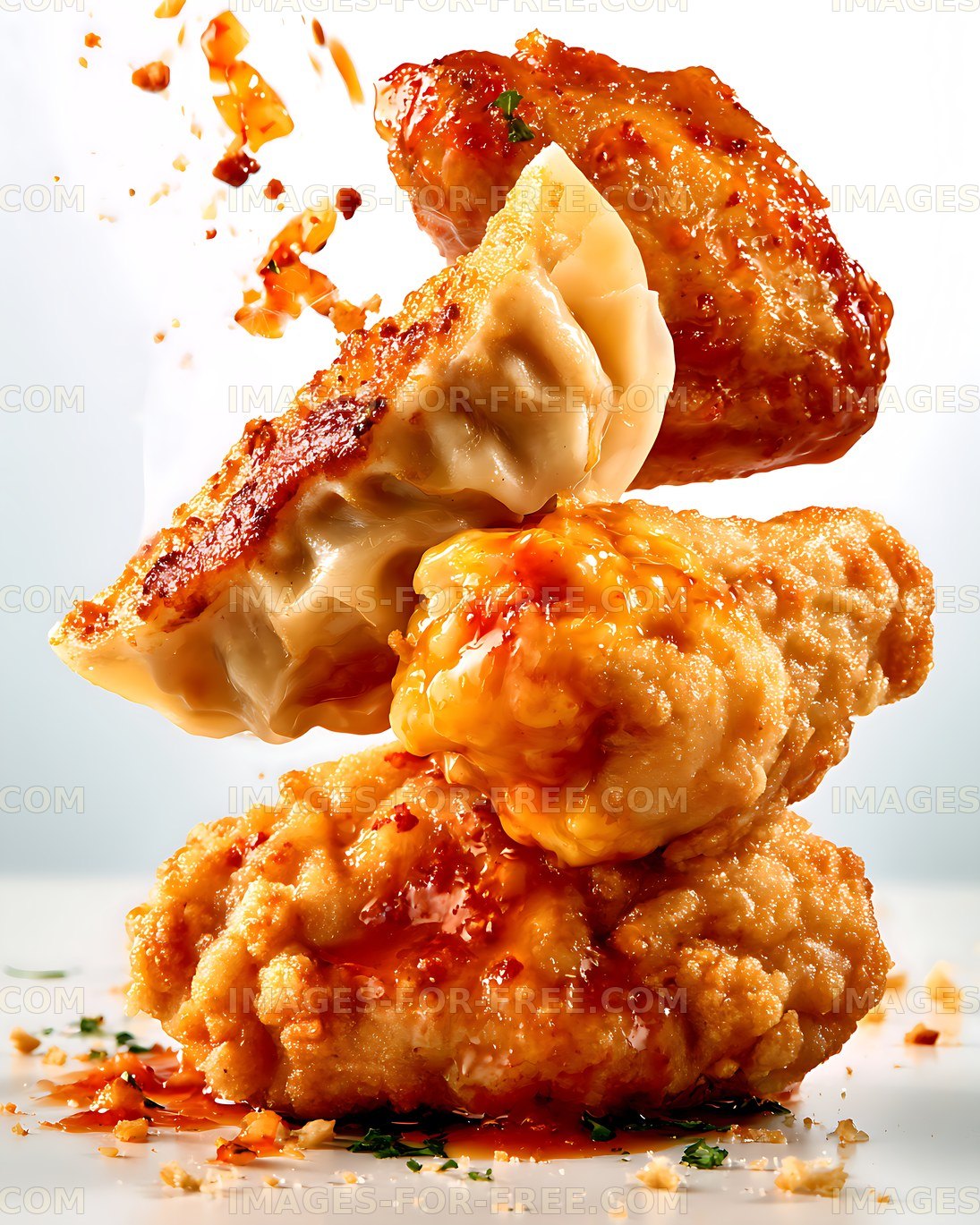 Fried chicken and dumplings with sauce splatter in the kitchen