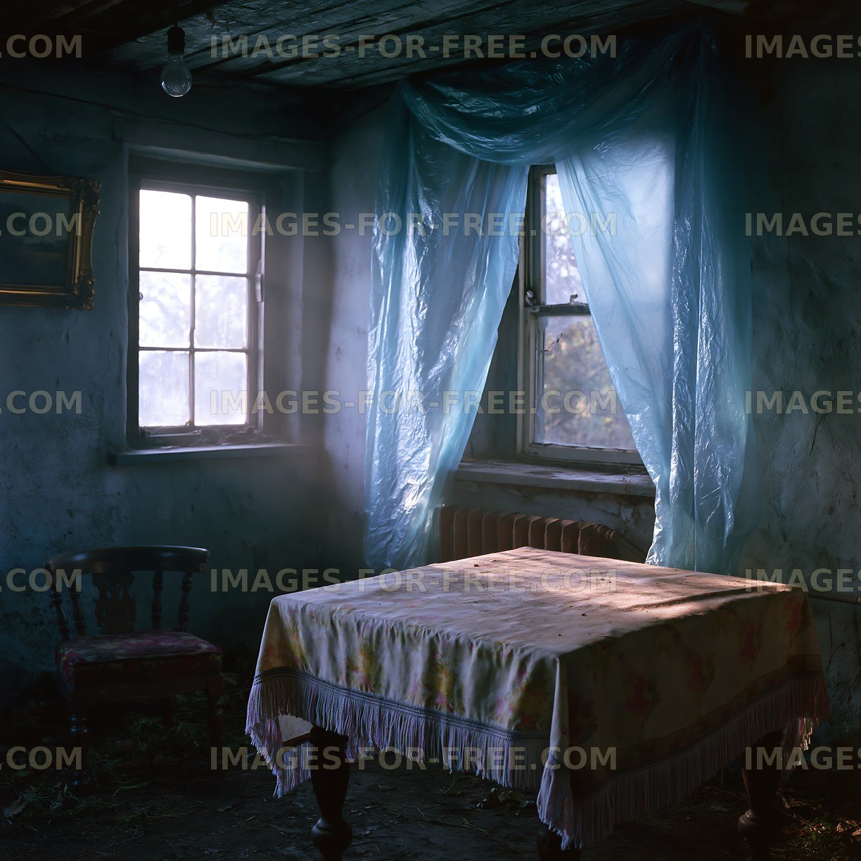 Old room with sunlight coming through windows and a table