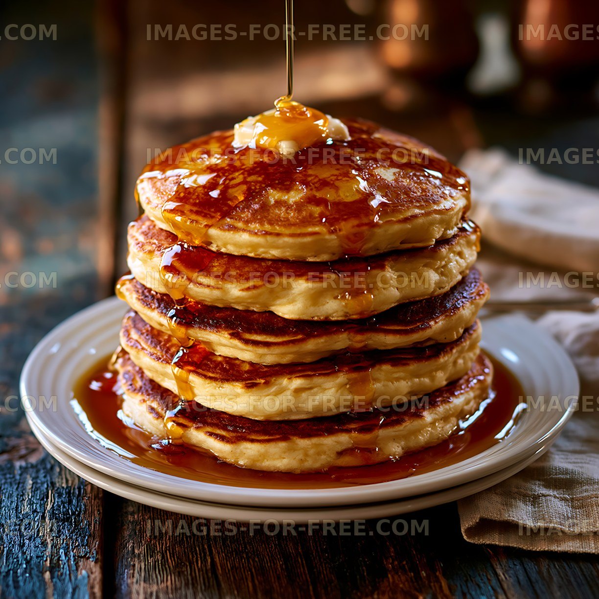 Stack of pancakes with syrup and butter on a wooden table