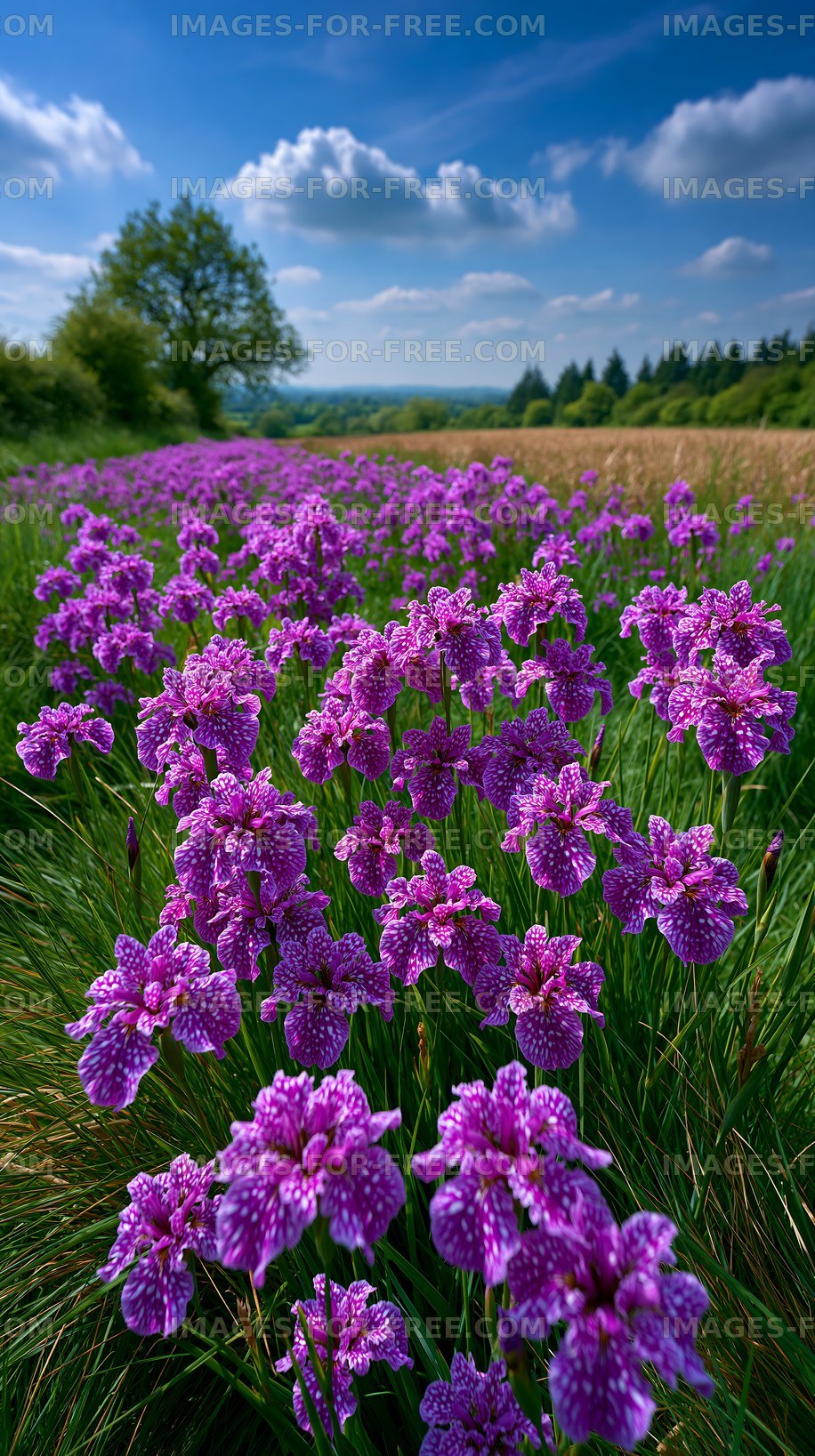 Purple flowers bloom in a field under a blue sky