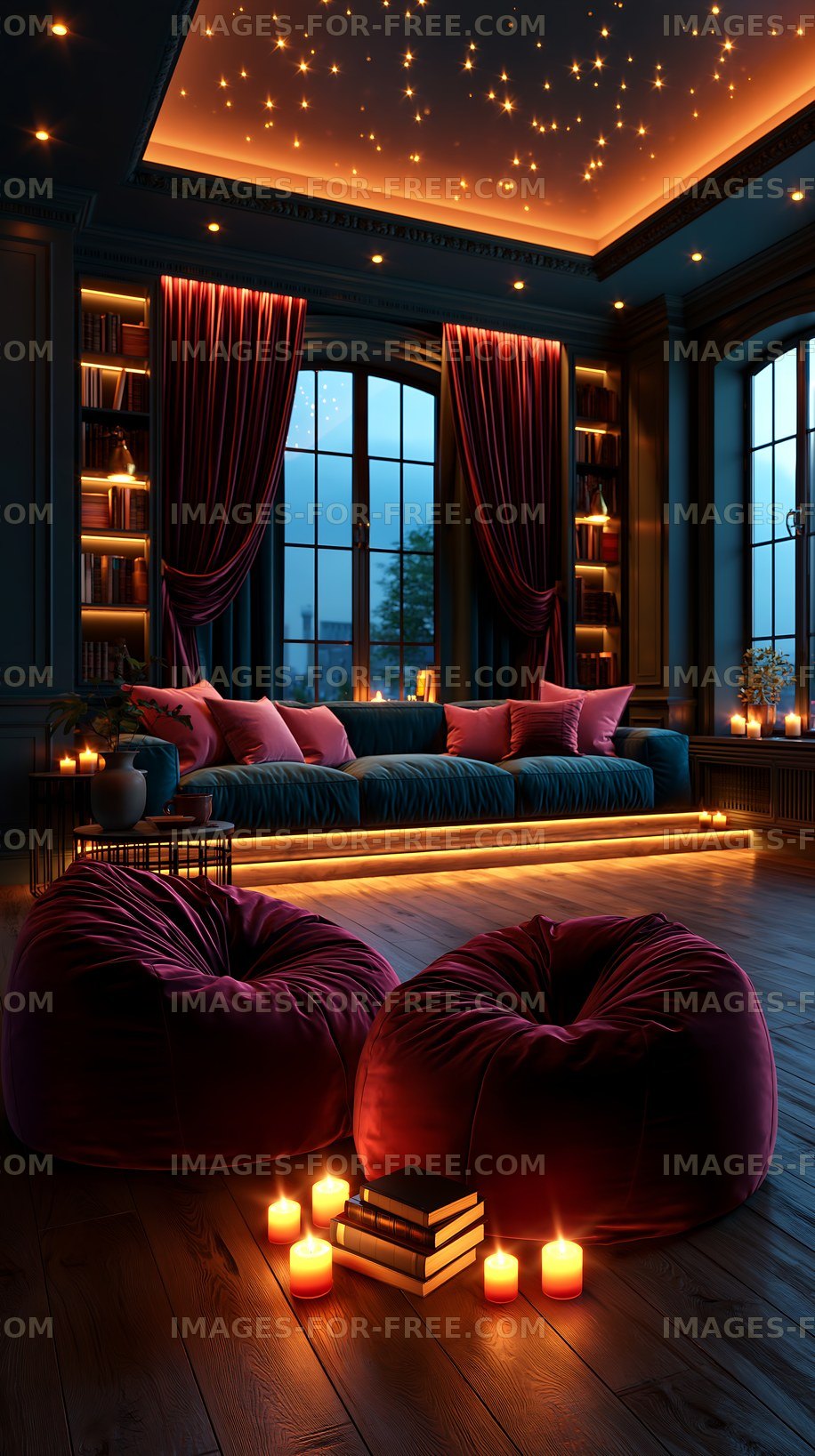 Cozy living room with cushions and candles during evening