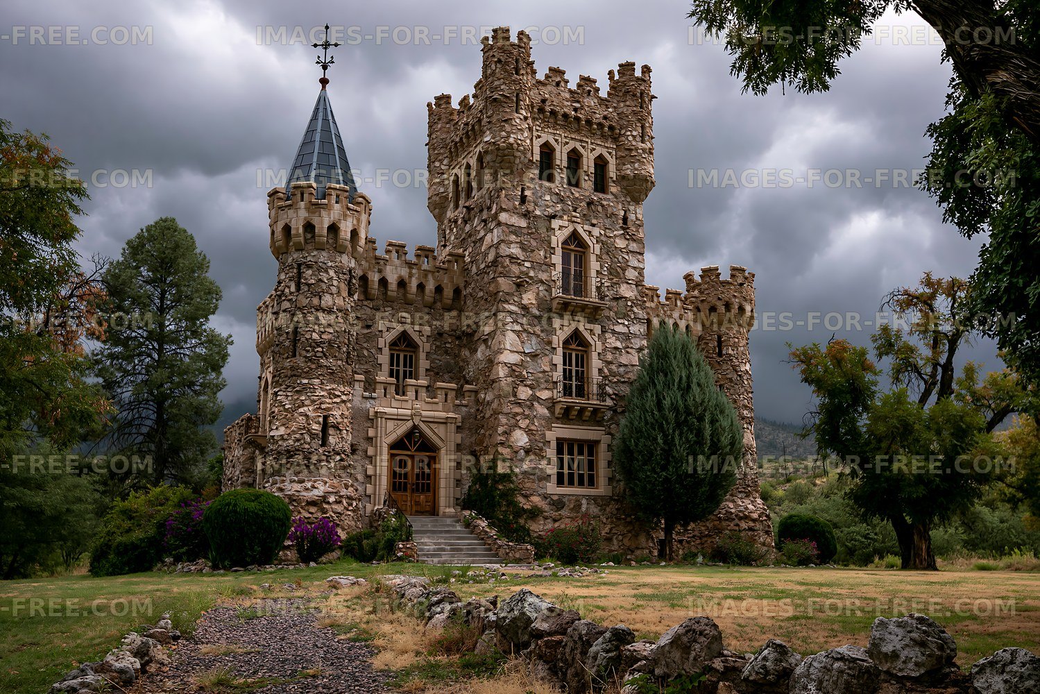 Historic stone castle under cloudy sky