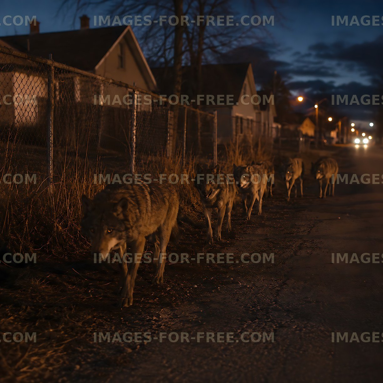 Wolves walking along a residential street at dusk