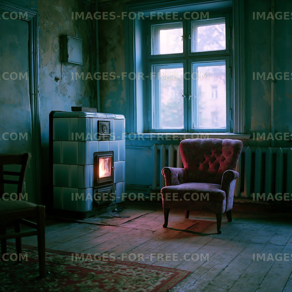 Cozy room with a vintage chair and a stove near a window