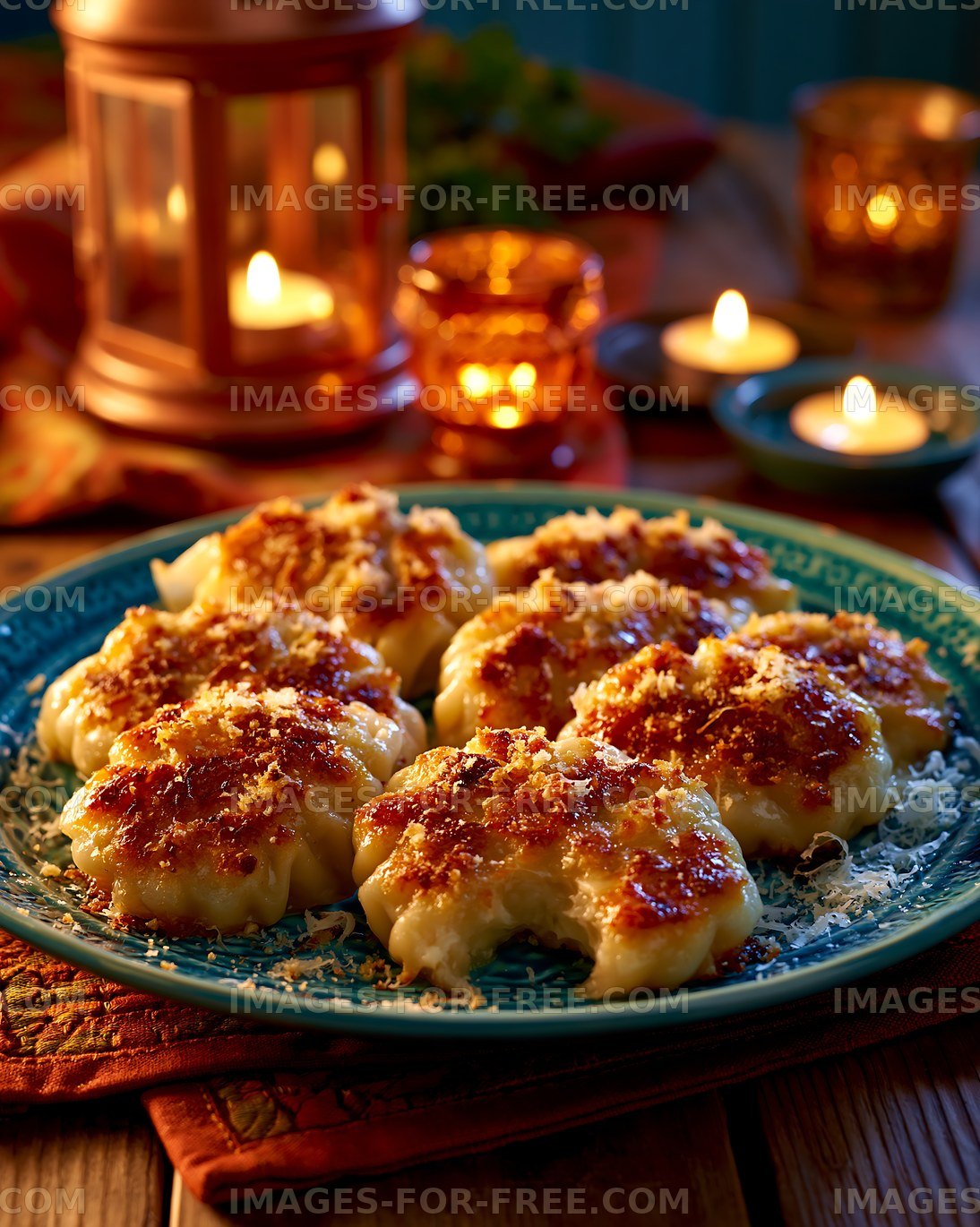 Delicious dumplings served on a blue plate with candles around