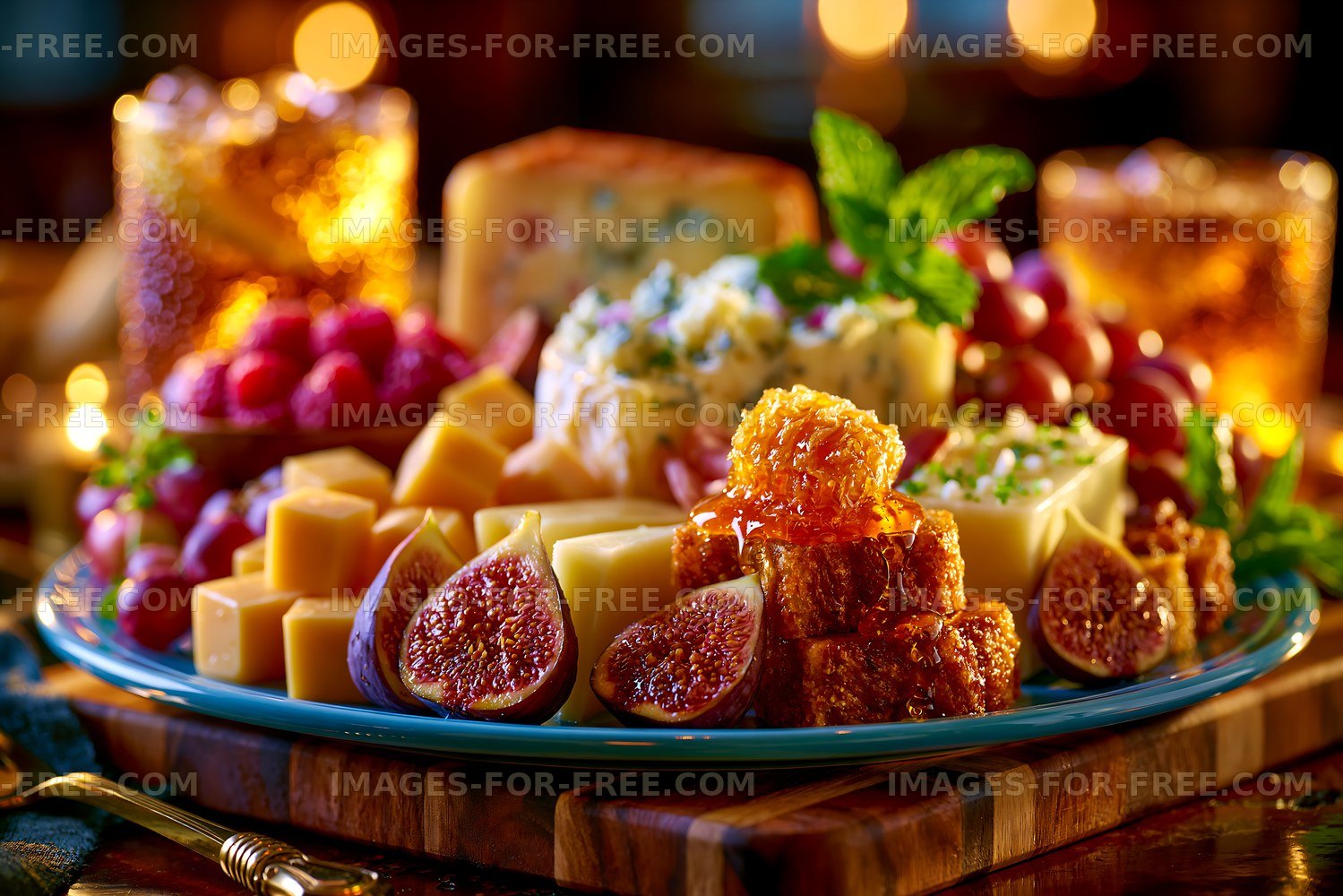 Cheese and fruit platter with honey and nuts for evening gathering