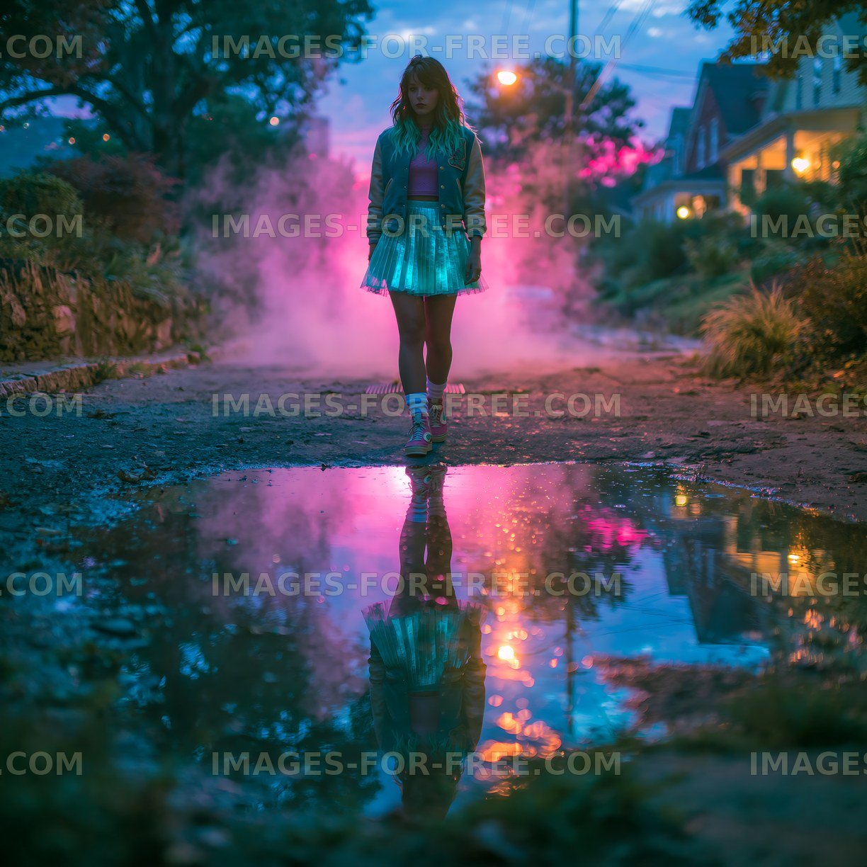 Woman stands in street with colorful smoke and reflections at dusk