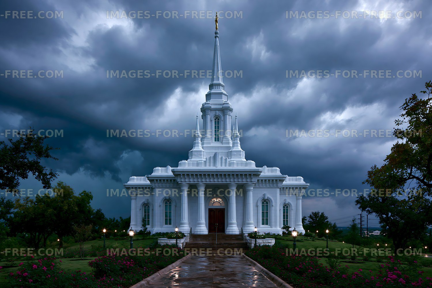 Stormy sky surrounds a white temple with a tall spire