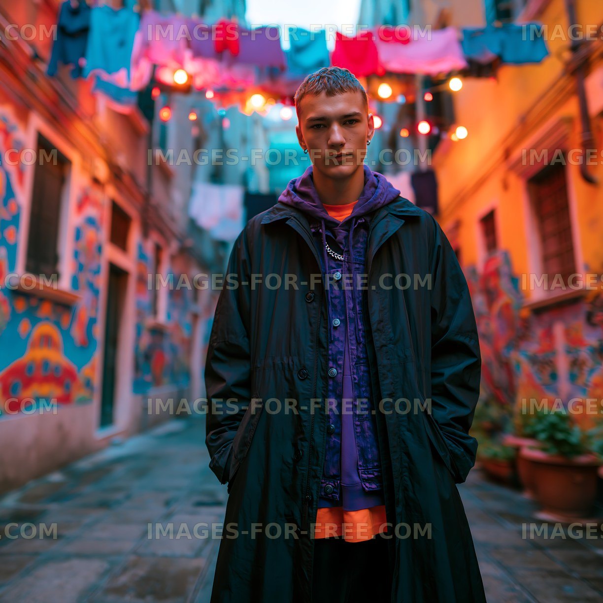 Young man standing in narrow street with colorful walls and clothes